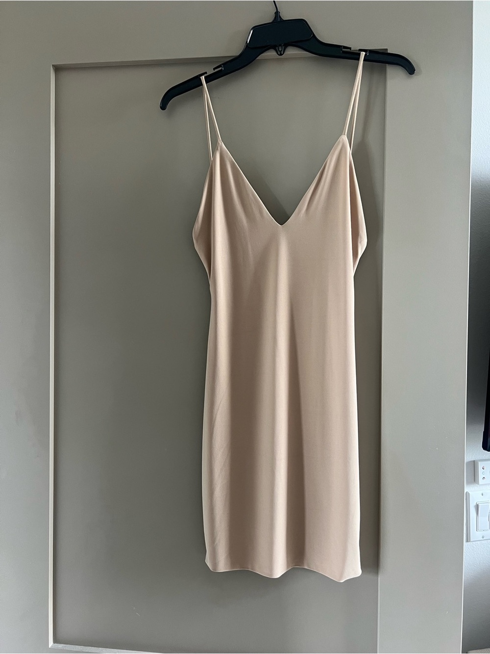 Neutral Beige Slip Mini Dress with Spaghetti Straps